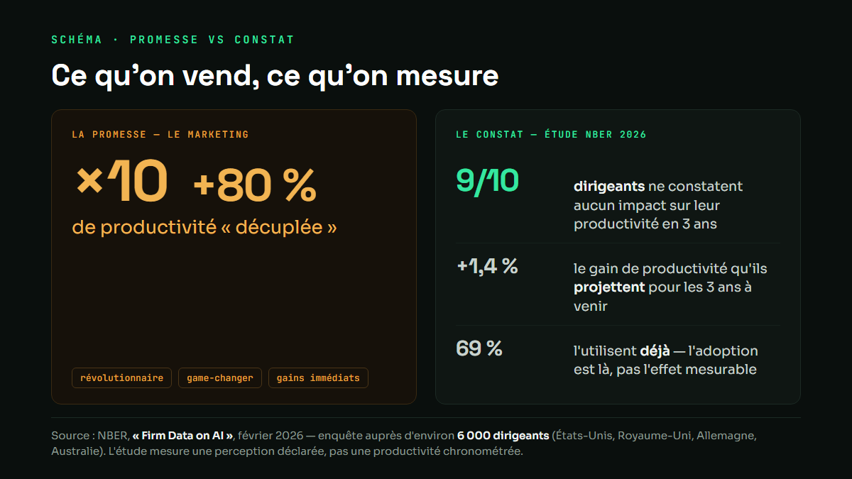 Comparaison : la promesse marketing (x10, +80 %) face aux chiffres de l'etude NBER 2026 (9 dirigeants sur 10 sans impact, +1,4 % projete)