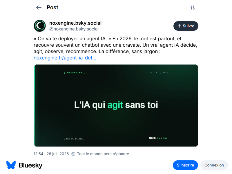 Capture du post Nox Engine publie sur Bluesky depuis Claude via Publora