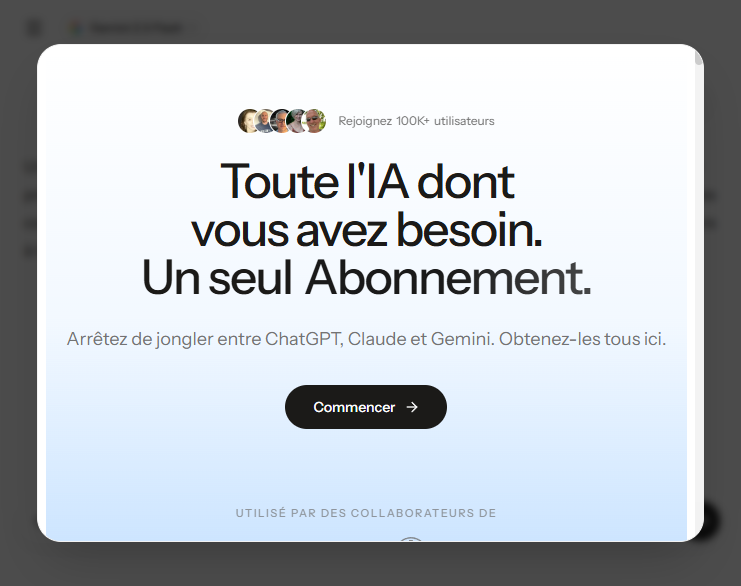 Popup d'accueil de Krater AI en mode invite, juillet 2026