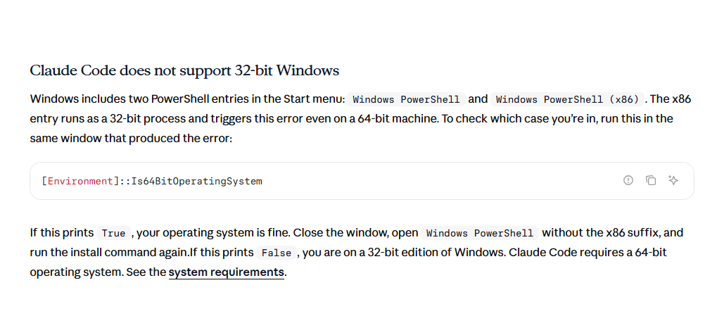 Capture de la documentation officielle de Claude Code expliquant l'erreur « does not support 32-bit Windows » provoquée par l'entrée PowerShell x86