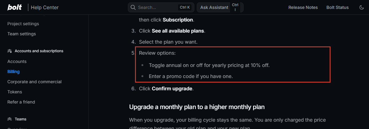 Documentation de facturation Bolt : yearly pricing at 10 percent off