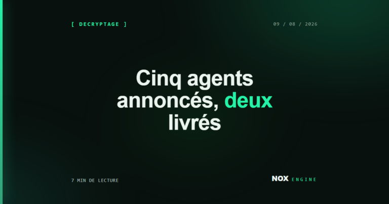 Vignette Nox Engine, fiche agent-hq : Cinq agents annoncés, deux livrés